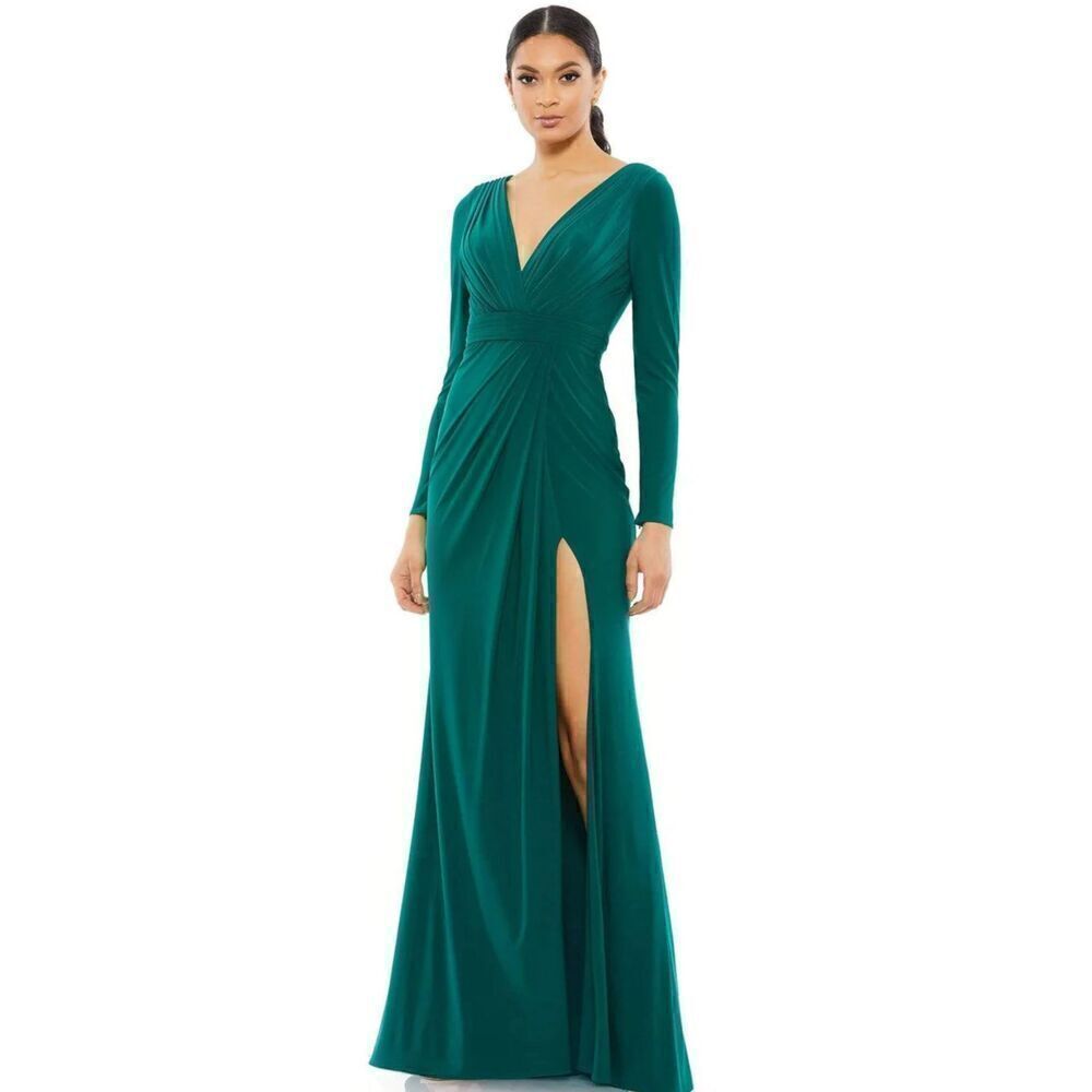 Ieena for Mac Duggal 26554I Long Sleeve High Slit Dress in Emerald Green NWT Siz